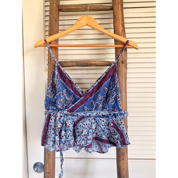 Free People Blue Purple Floral Print Wrap Peplum Tank Top Casual Sleeveless M - Picture 3 of 4
